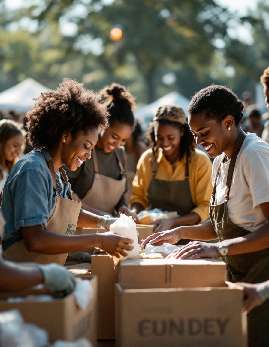 Nonprofit volunteers collaborating to pack donations together